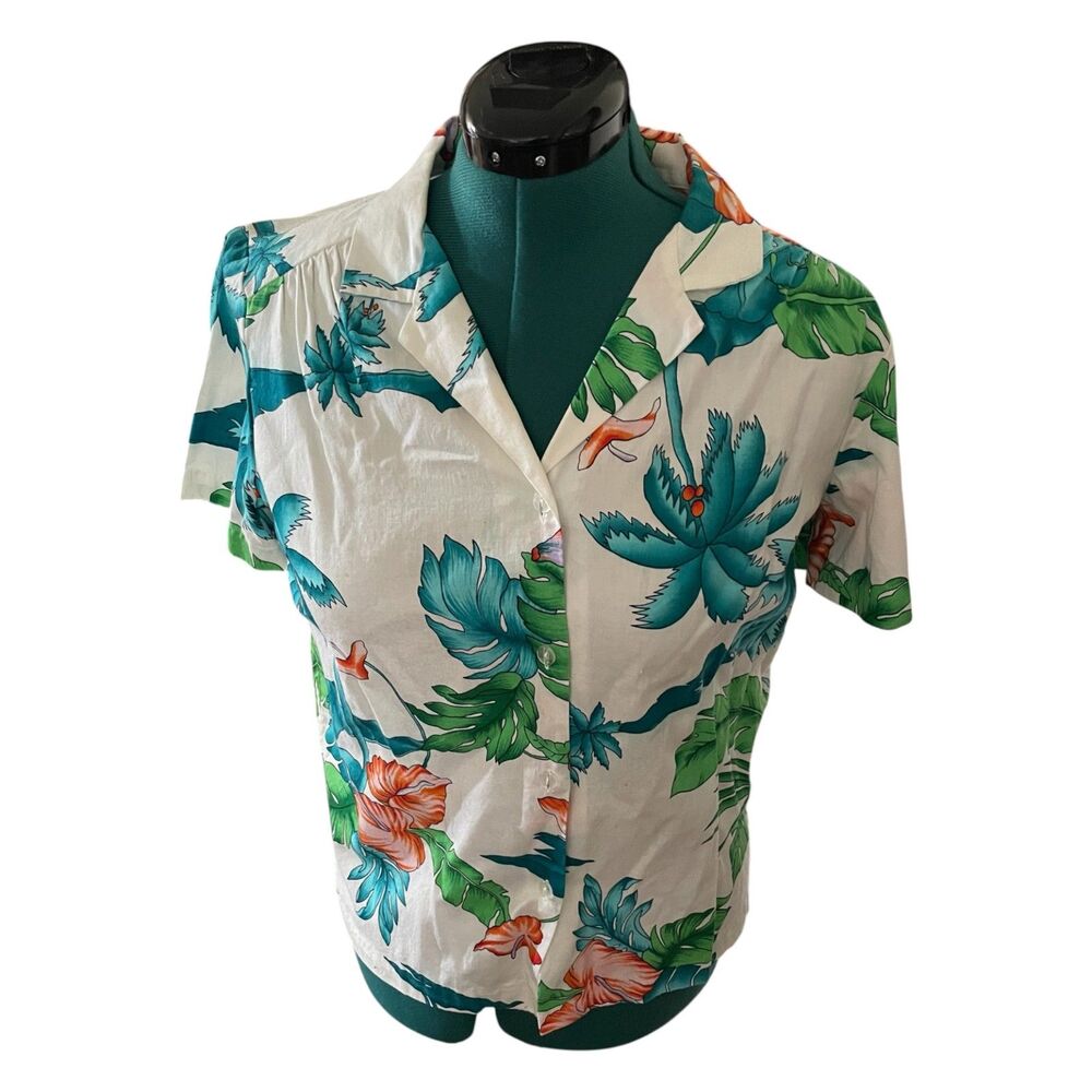 Vintage Hilo Hattie Hawaiian Tropical Womens Aloha Shirt Ivory/Blue/Orange L